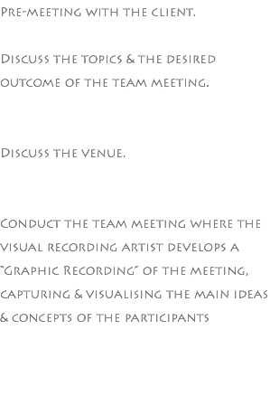 Pre-meeting with the client. Discuss the topics & the desired outcome of the team meeting. Discuss the venue. Conduct the team meeting where the visual recording artist develops a “Graphic Recording” of the meeting, capturing & visualising the main ideas & concepts of the participants 